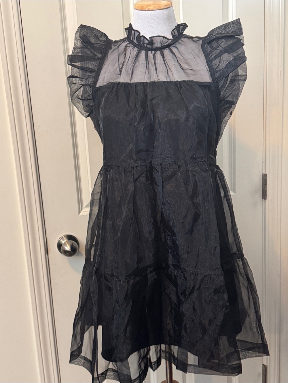 entro Black Ruffled Organza High-Neck Party Dress